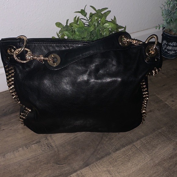 REBECCA MINKOFF BLACK LEATHER GOLD STUDDED HANDBAG - Picture 2 of 10